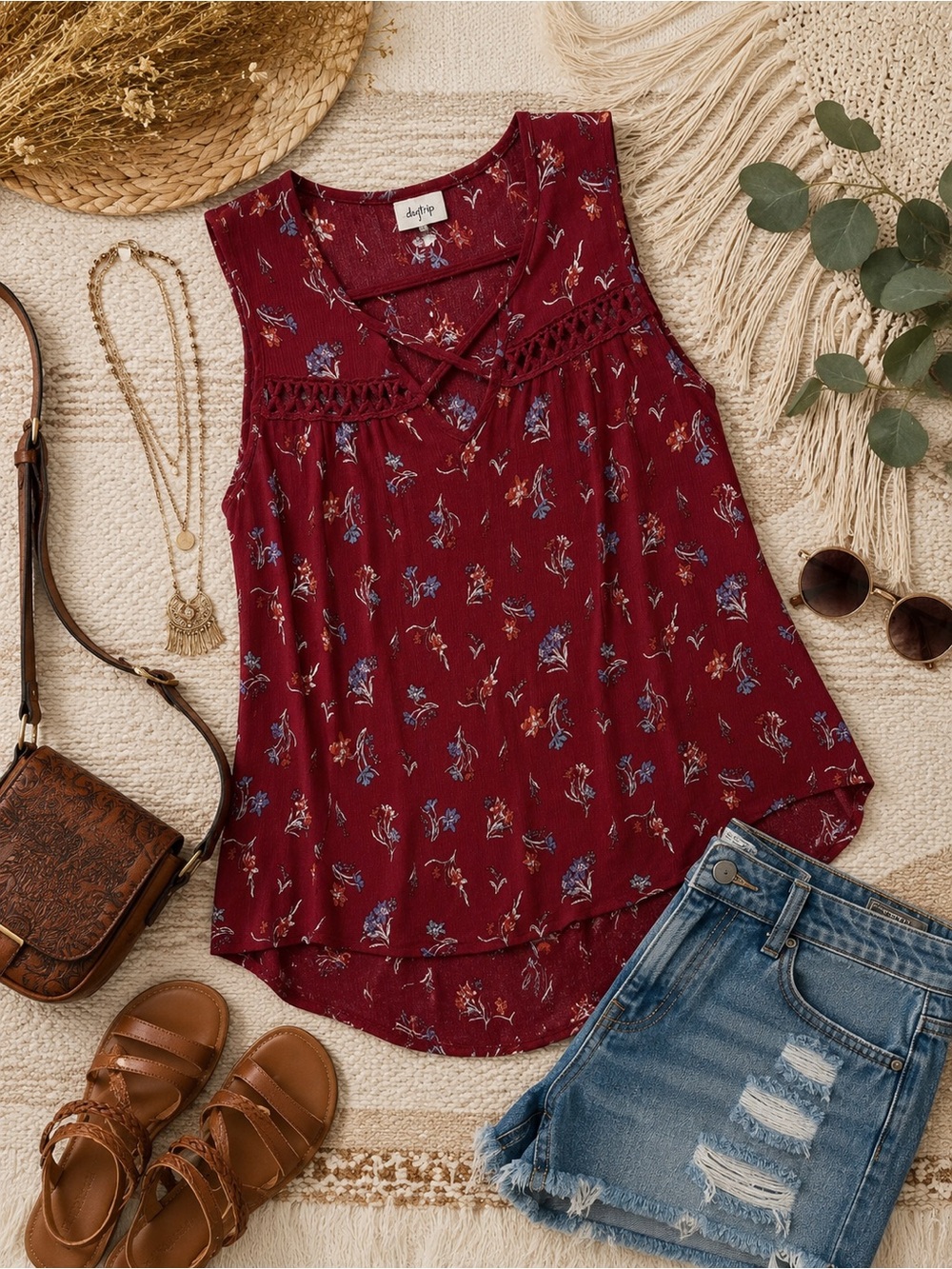 Daytrip Burgundy Floral Crisscross Crochet Lace Sleeveless Boho Top - Picture 4 of 7